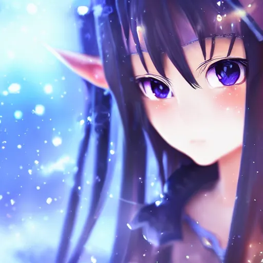 Image similar to adorable young cute anime elf girl, long black hair, detailed fantasy armor, symmetrical face. beautiful spark eyes. beautiful lineart. bokeh pixiv # 1 ranking depth focus, chromatic aberration, noise, soft lighting, srgb, 4 k, cinematic