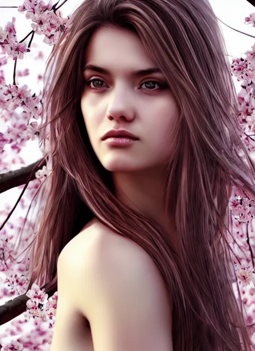 Image similar to photo of a gorgeous female with messy hair in the style of stefan kostic, realistic, body shot, sharp focus, 8 k high definition, insanely detailed, intricate, elegant, art by stanley lau and artgerm, cherry blossoms