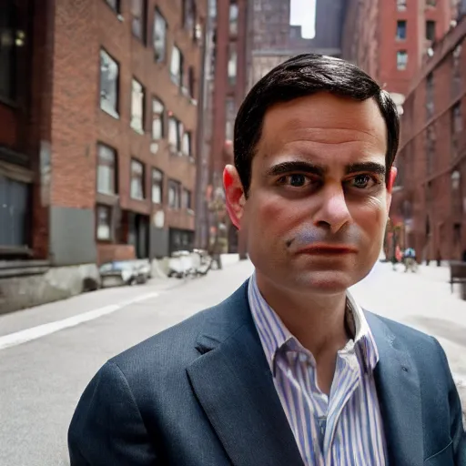 Image similar to closeup portrait of a Ben Shapiro , new york back street , by Steve McCurry and David Lazar, natural light, detailed face, CANON Eos C300, ƒ1.8, 35mm, 8K, medium-format print