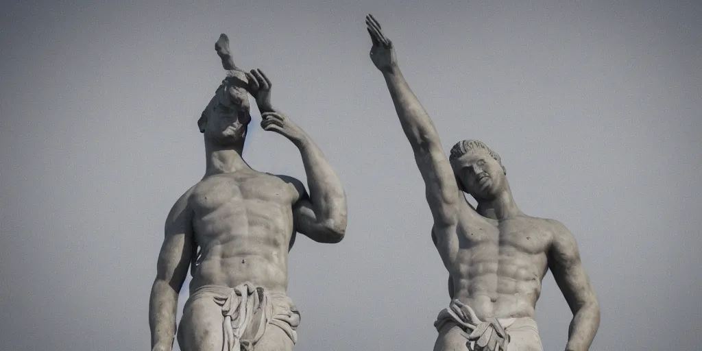 Prompt: A photograph of a large statue of a male athlete holding his head high and his hands wide, symbolizing humanity, ambition and determination, photo taken from a distance so that the full statue is visible, high resolution image taken with a DSLR camera