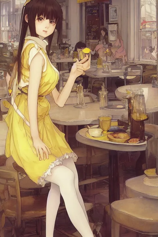 Prompt: A girl in a maid's outfit in a cafe a afternoon, yellow theme,S line,45 angel by krenz cushart and mucha and range murata and greg rutkowski