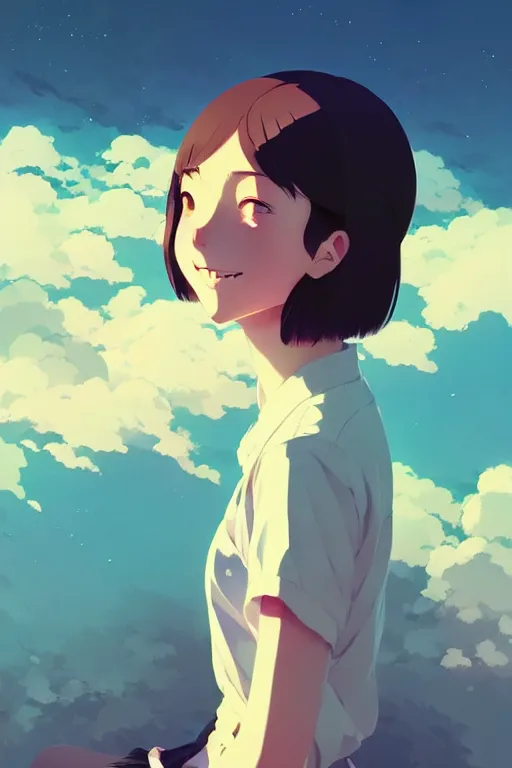 Image similar to portrait of a smiling girl by ilya kuvshinov, cloudy sky background lush landscape ln illustration concept art anime key visual trending pixiv by victo ngai fanbox by greg rutkowski makoto shinkai takashi takeuchi studio ghibli