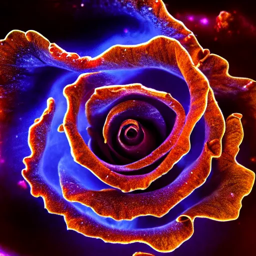 Prompt: award - winning macro of a beautiful rose made of molten magma and nebulas on black background, highly detailed, trending on deviantart and artstation, nasa space photography, national geographic