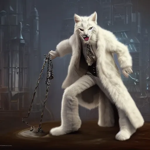 Image similar to white anthropomorphic lynx in victorian white man suit and white fur coat, lynx face, full body with cat paws by craig mullins and noriyoshi ohrai, unreal engine character, furry art, steampunk fantasy style, 4 k, trending on artstation