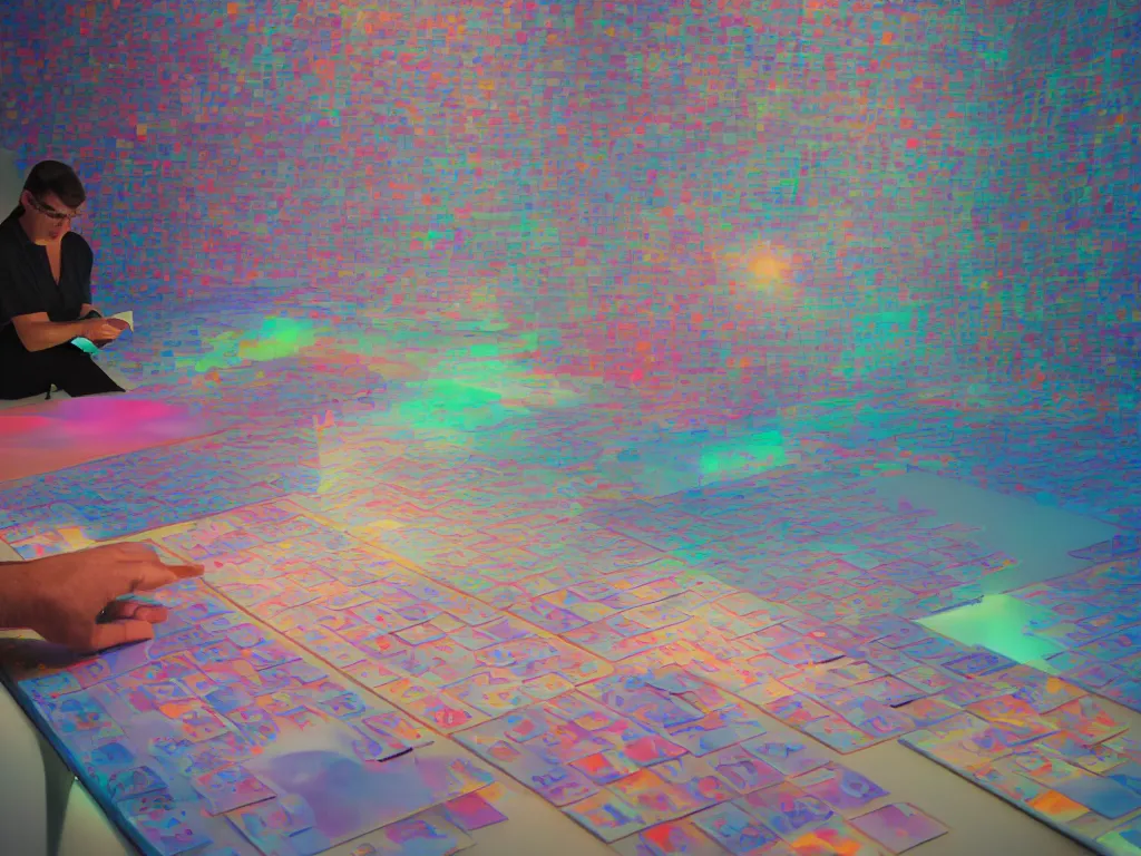 Image similar to by james turrell : pov candid photo of my hands reading colorful pdfs at my floating futuristic ios hologram desk, stacks and rows of perfectly organized knolled calendar cubbies during sunrise in a dappled open - air design studio by greg rutkowski and alphonse mucha, daylight vr os ux, leica 8 k still a 2 4