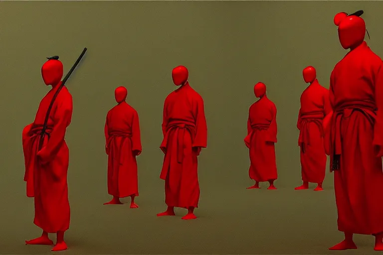 Image similar to only with red, a red samurai harakiri, tokio, a lot of frogs watch, in the style of beksinski, parts by edward hopper, parts by rodcenko, parts by yue minjun, intricate and epic composition, red by caravaggio, insanely quality, highly detailed, masterpiece, red light, artstation, 4 k