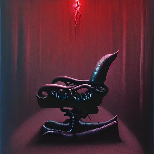 Prompt: horrifying eldritch gaming chair, painting by zdzisław beksinski, product photograph, 4 k, dark atmosphere, horror, rot, oozing, tendrils