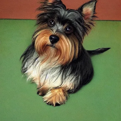 Image similar to brown and gray Yorkshire terrier dog, extremely detailed masterpiece, illustration, by Michael Sowa,