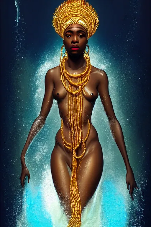 Image similar to hyperrealistic cinematic half underwater scene very expressive! translucent elegant african goddess full body, gold jewerly, highly detailed face, digital art masterpiece, aykut aydogdu eric zener, dramatic volumetric light, long shot, low angle uhd 8 k, sharp focus