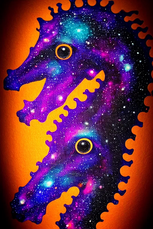 Prompt: a close up portrait of a purple ornate seahorse head statue, orange eyes, black paper, galaxy, nebula, billions of details, beautiful intricate painting by kokaris