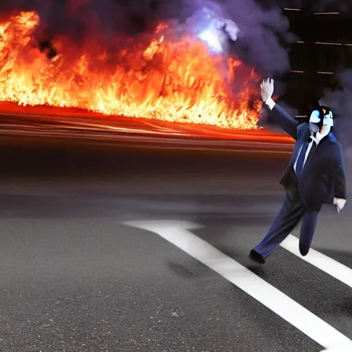 Image similar to photo realistic donald trump on fire crossing the street busy traffic no one cares