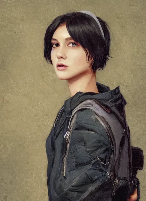 Image similar to Close-up portrait of kind young woman with short black hair in a bob cut, with a backpack, slightly dirty face, transparent background, png, highly detailed, digital painting, artstation, concept art, sharp focus, illustration, art by artgerm and greg rutkowski and alphonse mucha