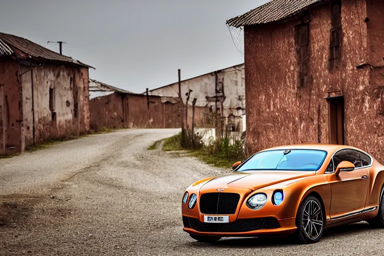 Image similar to modern rusty matte tired Bentley Continental GT without gloss no reflections drives along the road of an old Russian village with houses at the edges