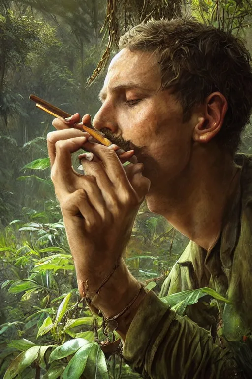 Prompt: a beautiful portrait of august schellenberg taking tobacco snuff in the jungle, hyper realistic face, fantasy art, in the style of greg rutkowski, intricate, matte painting, hyper detailed, smooth