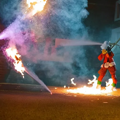 Image similar to photo of a clown using a flamethrower projecting a long bright flame towards a dumpster fire