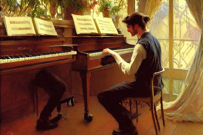Image similar to attractive man, playing piano, painting by gaston bussiere, craig mullins, greg rutkowski, alphonse mucha