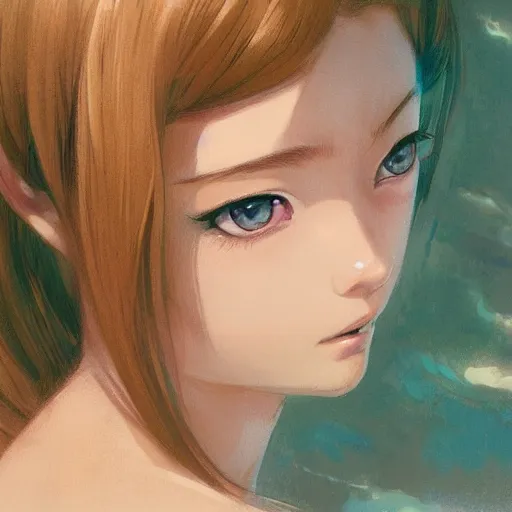 Image similar to A potrait of a covered mermaid with big and cute eyes, fine-face, realistic shaded perfect face, fine details. Night setting. Very anime style. Realistic shaded lighting poster by Ilya Kuvshinov katsuhiro, magali villeneuve, artgerm, Jeremy Lipkin and Michael Garmash, Rob Rey and Kentarõ Miura style, trending on art station