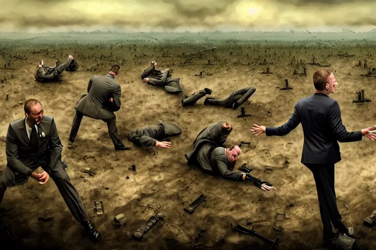 Image similar to one Comedian in suit and tie performing in a battle-field with dead bodies on the ground, comedian is funny, performing to dead soldiers, nuclear bomb in far horizon, apocalypse, trending on artstation, artstationHD, hyperdetailed matte painting, highly detailed, digital painting, hyper-realistic, realistic, photo-realistic