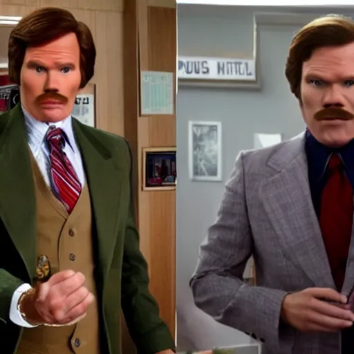 Image similar to Live Action Still of Jerma985 in Anchorman: The Legend of Ron Burgundy, real life, hyperrealistic, ultra realistic, realistic, highly detailed, epic, HD quality, 8k resolution, body and headshot, film still