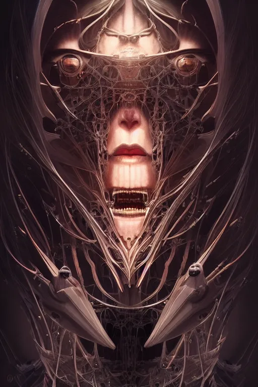 Image similar to professional concept art symmetric portrait of a terrifying! mechanical!! predatory fractal! species in a dark room by artgerm and greg rutkowski. an intricate, elegant, highly detailed digital painting, concept art, smooth, sharp focus, illustration, in the style of cam sykes.