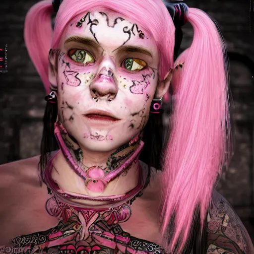 Prompt: An octane 3d render of a girl with pink pigtails, and face tattoos, 8d, HD, hyper detailed, intricate details, photorealistic, dynamic lighting, stunning visuals, creative, trending on art station,