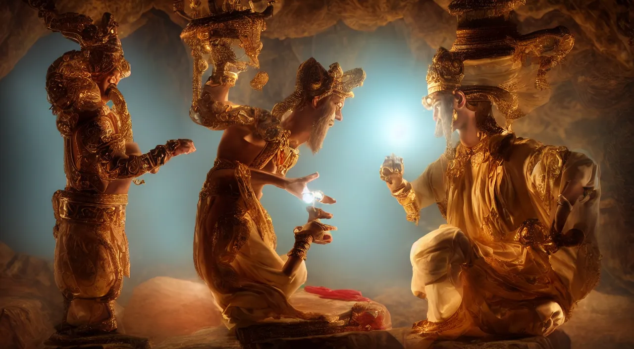 Image similar to The great genie in the bottle demonstrates his power to his new owner. Intricate details, photo realistic, award winning, dramatic lighting, award winning, depth of field, UHD 8K