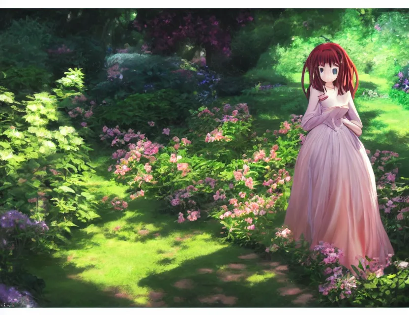 Prompt: unattractive princess in the garden. oil painting by award - winning mangaka. backlighting, chiaroscuro, depth of field, luminescent colors.