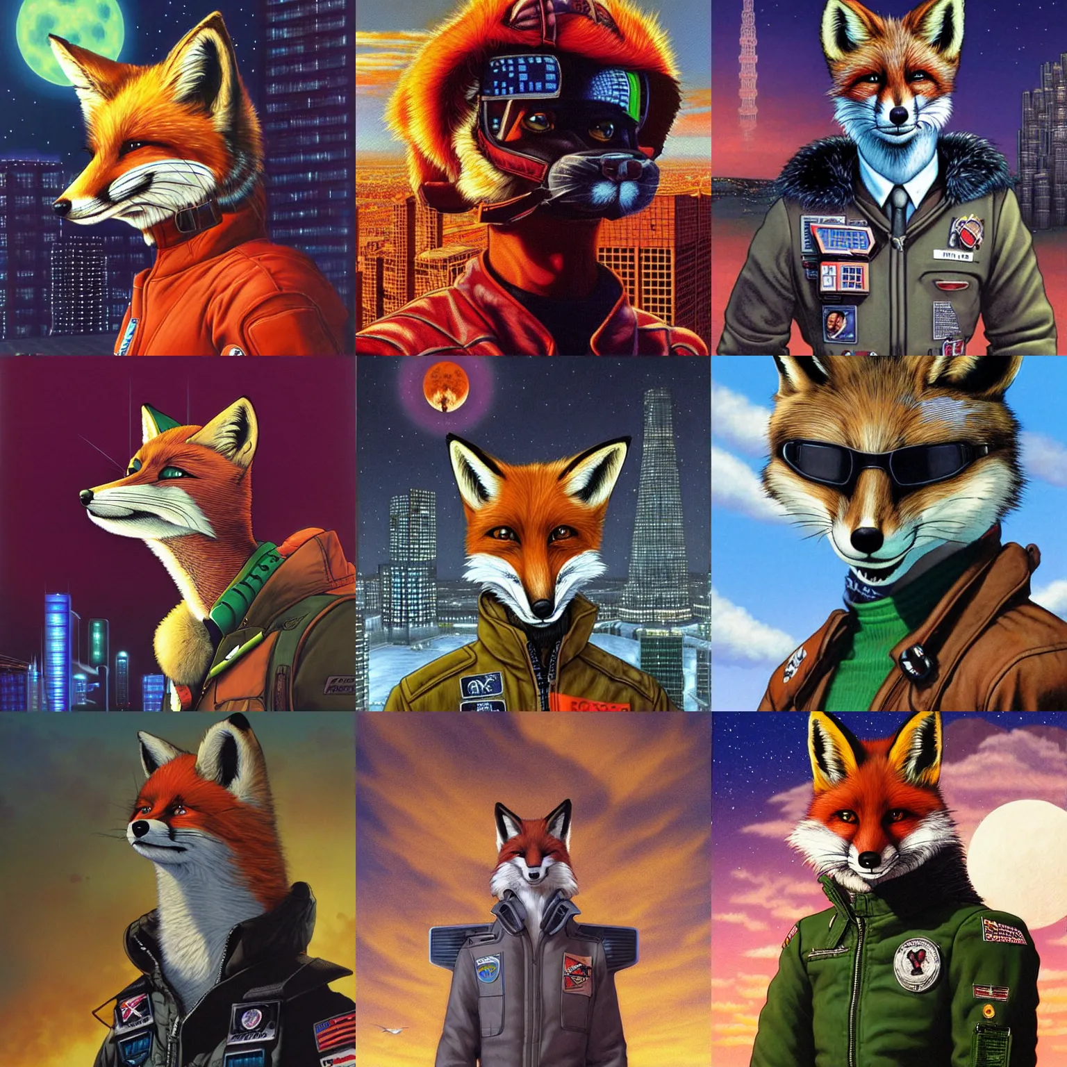 Prompt: a portrait of fox mccloud by peter elson, furry art, wearing a pilot's jacket, with a sci fi city background by syd dutton