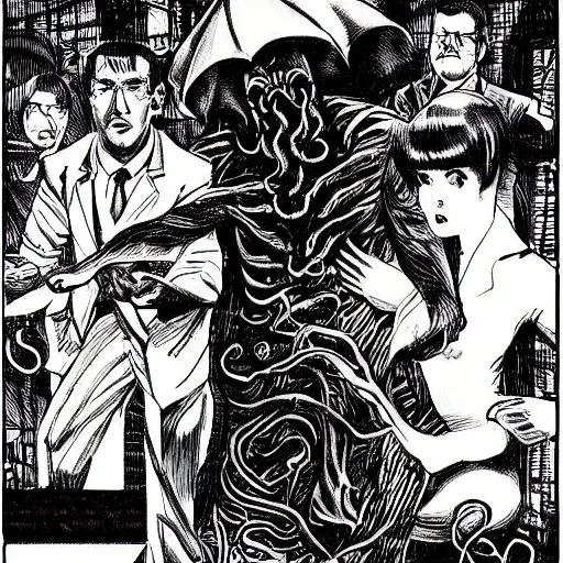 Image similar to Cthulhu as a modern day business man with a family and a drug and gambling addiction, necronomicon is the family Bible , Junji Ito and Greg rutkowski, psychedelic , 50s style infomercial , award winning , retro futuristic