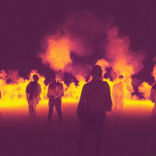 Image similar to a group of people breathing in yellow smoke, floating, possessed, euphoric, surreal, dreamy