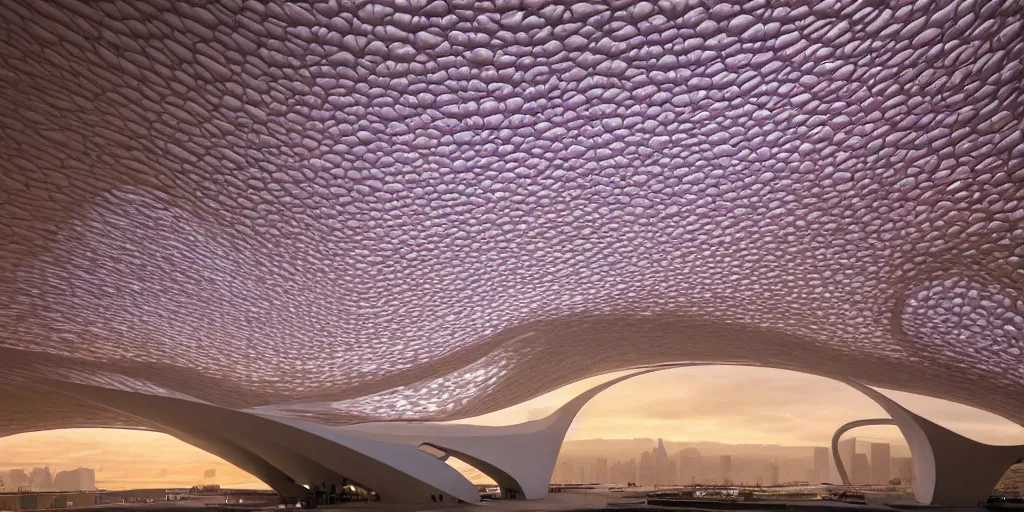 Image similar to extremely detailed awe ornate stunning beautiful futuristic smooth curvilinear elegant museum interior by zaha hadid, translucent gills, stunning volumetric light, stainless steel, concrete, translucent material, beautiful sunset, hyper real, 8k, colorful, 3D cinematic volumetric light, atmospheric light