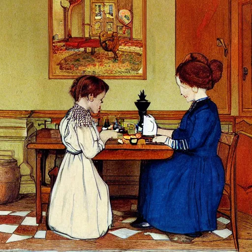 Prompt: a rabbit and a young edwardian woman playing chess in a room, in the style of carl larsson