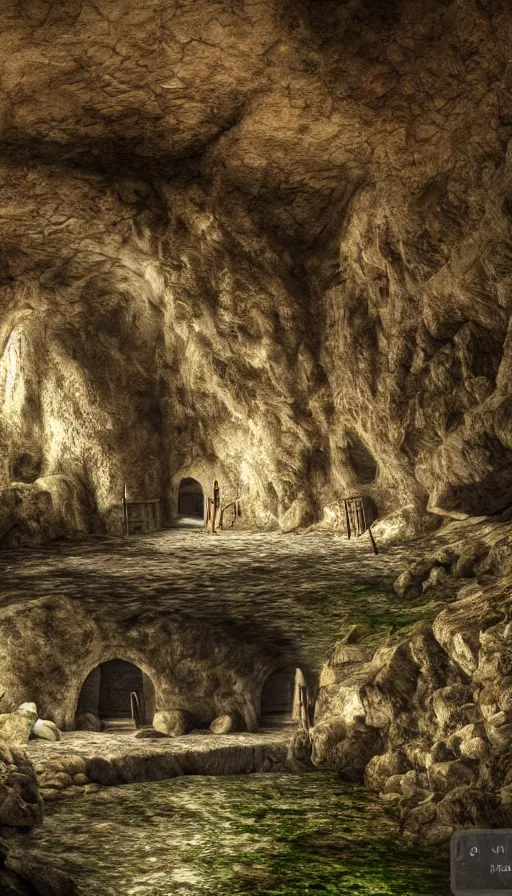 Image similar to a medieval village inside a cave near a cave river, photorealistic, 8k, high detail, high quality, dramatic lighting, HDR