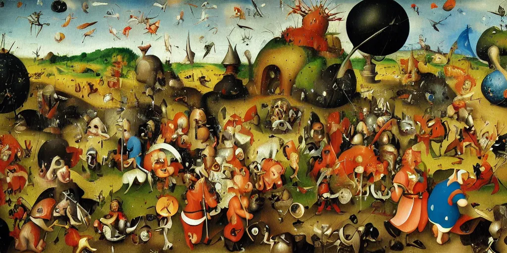 Prompt: Asterix and Obelix in the Garden of Earthly Delights. Oil painting the style of Hieronymus Bosch, highly detailed, Tintin, Snowy, Professor Calculus