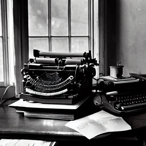 Image similar to 1880, inside a female writer room, Remington typewriter, many plants, many books, piles of books, beautiful light, long shadows, 50 mm lens, crackles, scratches, dust, stains