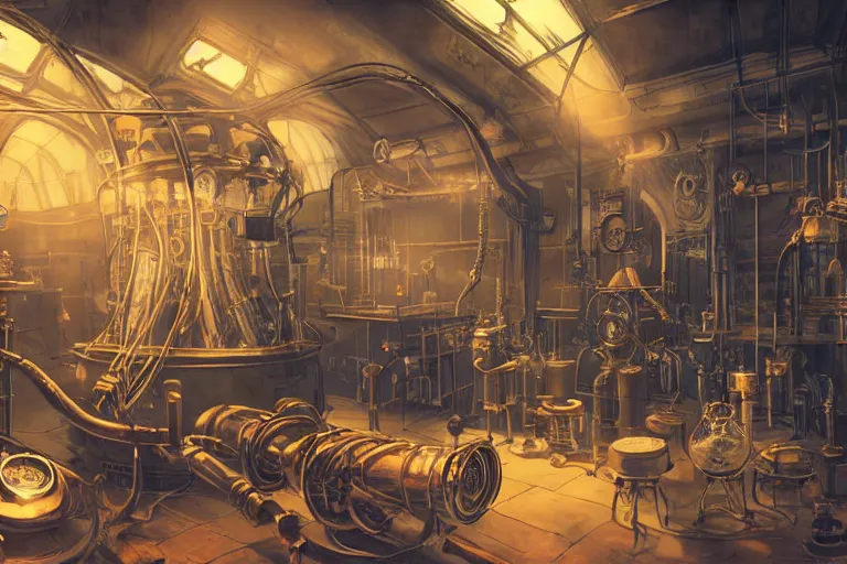 Prompt: steampunk laboratory filled with alchemy equipment, scientist working, pespective, giant screens, sci - fi vending machine, concept art by feng zhu and moebius, dynamic light, volumetric light, neon lights, cinematic mood