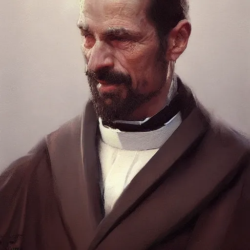 Prompt: An oil painting of a man dressed as a priest in his forties, beautiful and sharp face, dark brown hair with streaks of grey in it, highly detailed, by Greg Rutkowski, trending on artstation