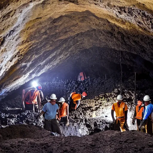 Image similar to photograph of workers mining for black opal in a large cavern, ethereal, shining rocks, award winning