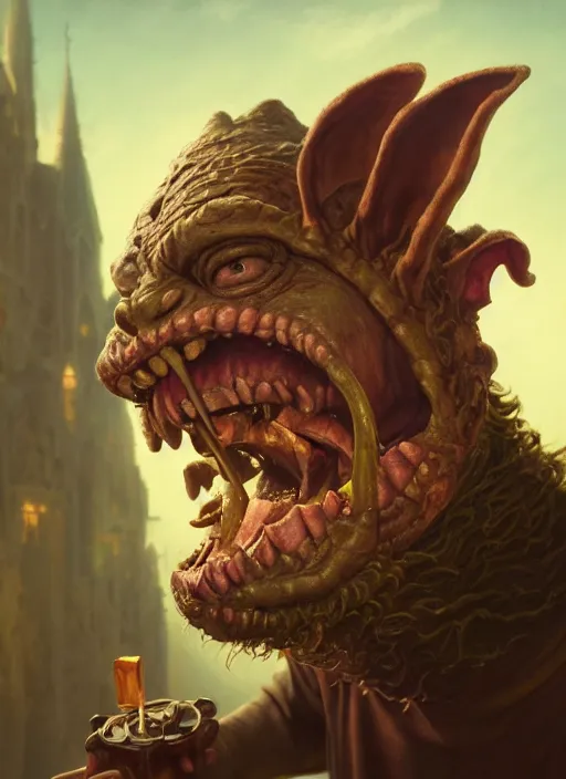 Image similar to highly detailed closeup portrait of a medieval goblin rolling dice, stephen bliss, unreal engine, greg rutkowski, ilya kuvshinov, ross draws, hyung tae and frank frazetta, tom bagshaw, tom whalen, nicoletta ceccoli, mark ryden, earl norem, global illumination, god rays, detailed and intricate environment