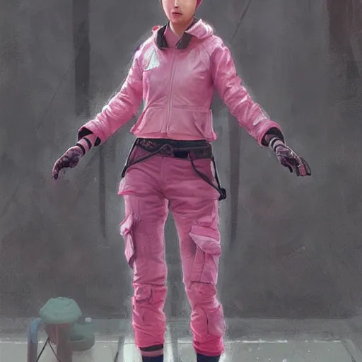 Image similar to Korean cyberpunk female wearing pink techwear jacket and military cargo pants, trending on artstation by Ruan Jia and Mandy Jurgens and Artgerm and william-adolphe bouguereau