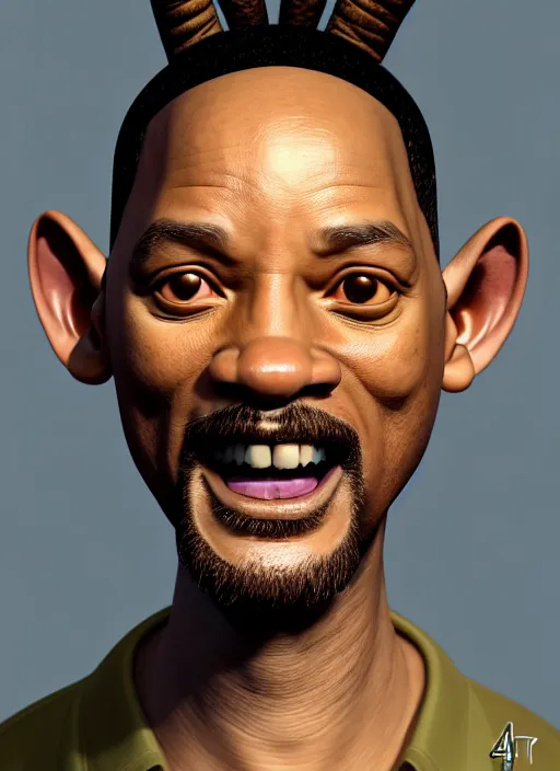 Image similar to anthropomorphic portrait of will smith as a goat, au naturel, hyper detailed, digital art, trending in artstation, cinematic lighting, studio quality, smooth render, unreal engine 5 rendered, octane rendered, art style by klimt and nixeu and ian sprigger and wlop and krenz cushart