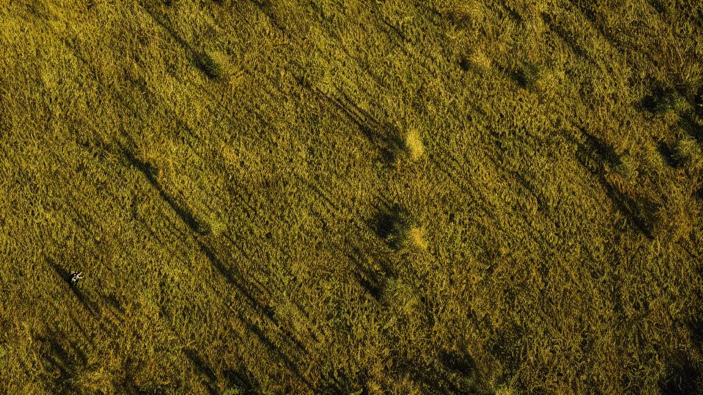 Prompt: Still from a terence malik film, beautiful 8k golden hour washes of silver and green torch lit color. contrast of light and dark. birds eye view cinematic. spangled whorls and windblown spirals in the grass, patterns of shadow and light
