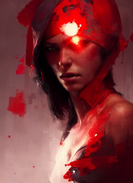 Prompt: female assassin girl, everything red, beautiful face, rule of thirds, intricate outfit, spotlight, by greg rutkowski, by jeremy mann, digital painting