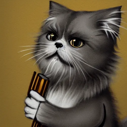 Prompt: a hyper realistic photograph of a persian cat. the persian cat has a determined expression and is holding a bazooka. highly detailed and trending on art station.