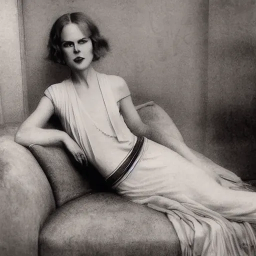 Image similar to a beautiful full body portrait of a young nicole kidman, wearing 1 9 2 0's clothes, demure, she is laying on a couch, artist john sargent,