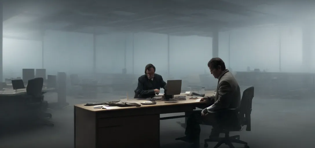 Prompt: an isolated man working at his desk, foggy, cinematic shot, photo still from movie by denis villeneuve, wayne barlowe