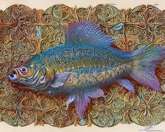 Image similar to hyperrealistic image of a beautiful fish, intricate ornamental gothic designs, heavily decorated, art by ernst haeckel, james jean,