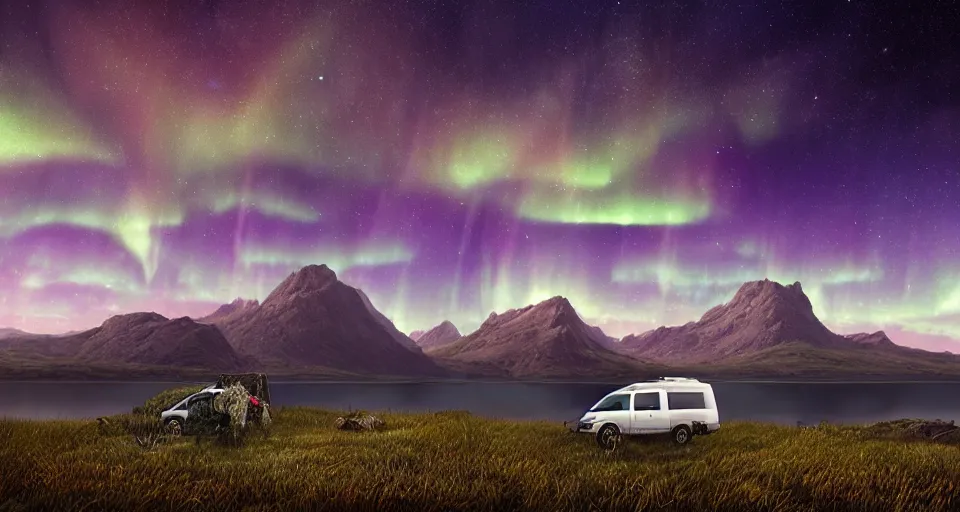 Image similar to An epic fantasy style landscape painting of a Mountainrange and a lake, with a starry sky and breathtaking aurora and a beige Volkswagen Caddy Campervan 4x4, unreal 5, DAZ, hyperrealistic, octane render, volumetric clouds dynamic lighting