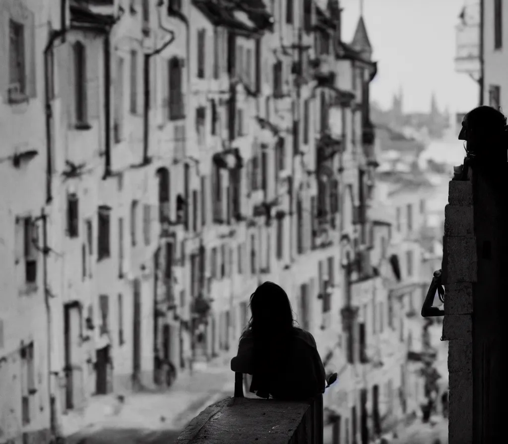 Image similar to the silhouette of a woman drinking coffee, looking out to an old medieval town, over the shoulders shot, cinematic, 4 k, detailed, 3 5 mm film, black and white