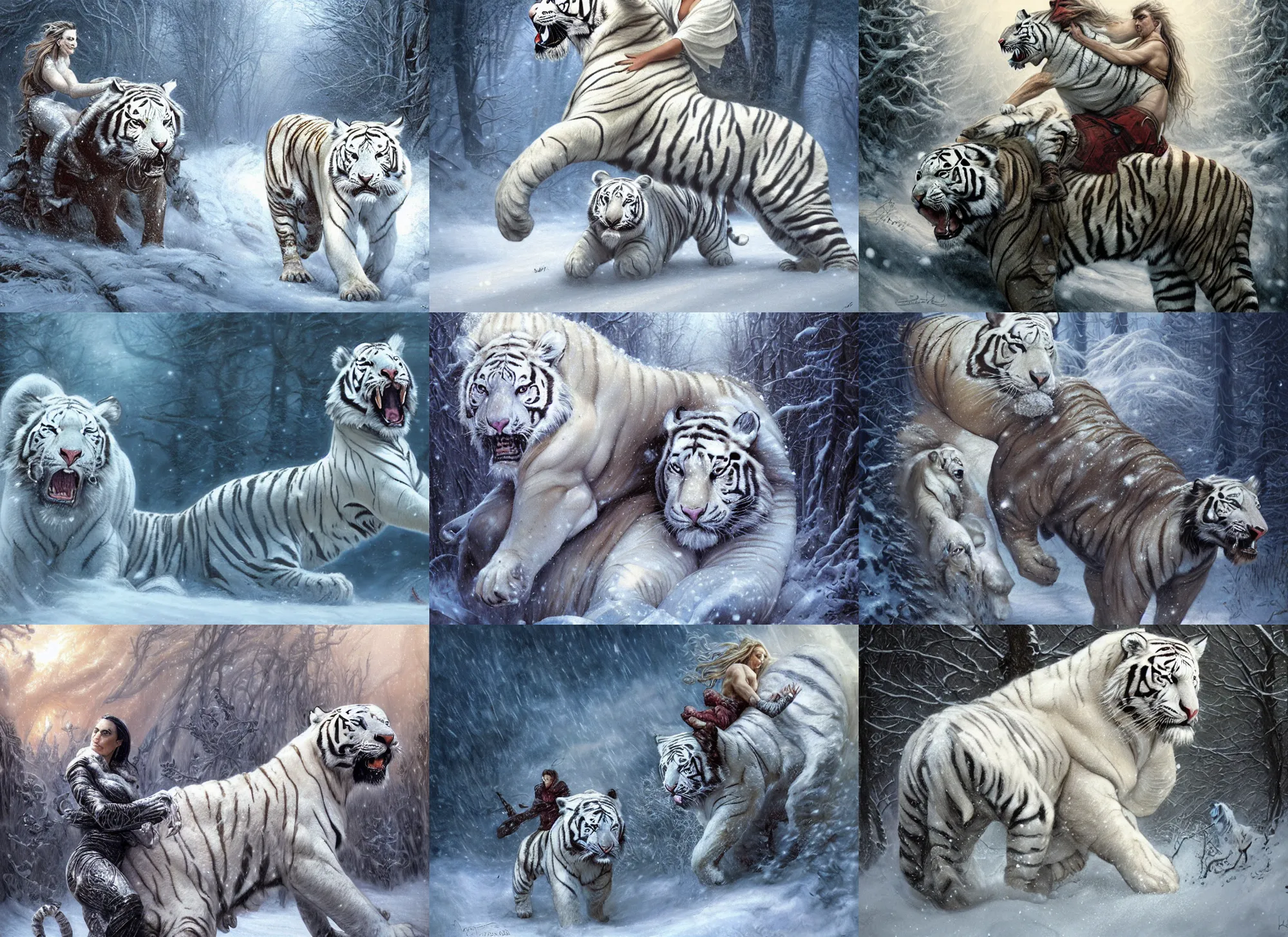 Prompt: portrait of muscled Jennifer Connelly riding a fierce large white tiger, wintery scene, snow storm, Donato Giancola, Mark Brooks, Ralph Horsley, Charlie Bowater, Artgerm, Christopher Balaskas, Bastien Lecouffe-Deharme